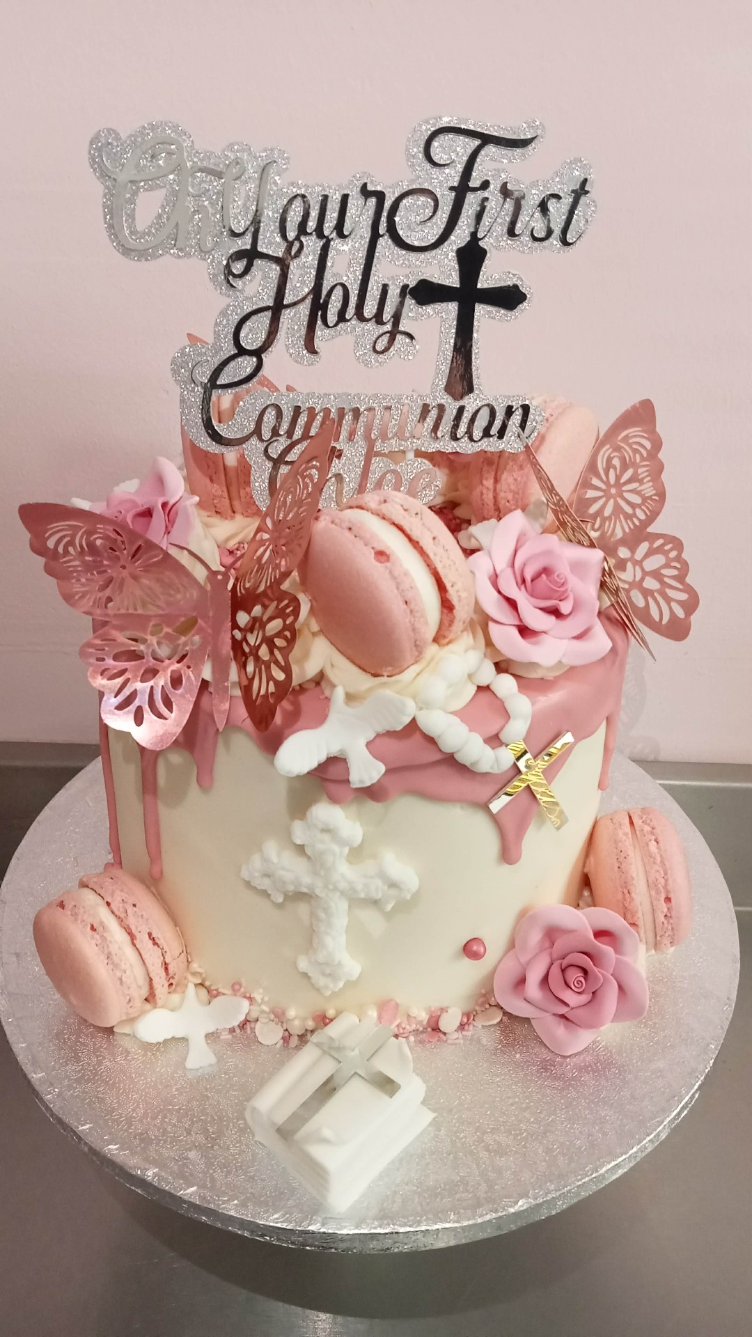 Rose Butterfly Drip — Communion & Confirmation cake design