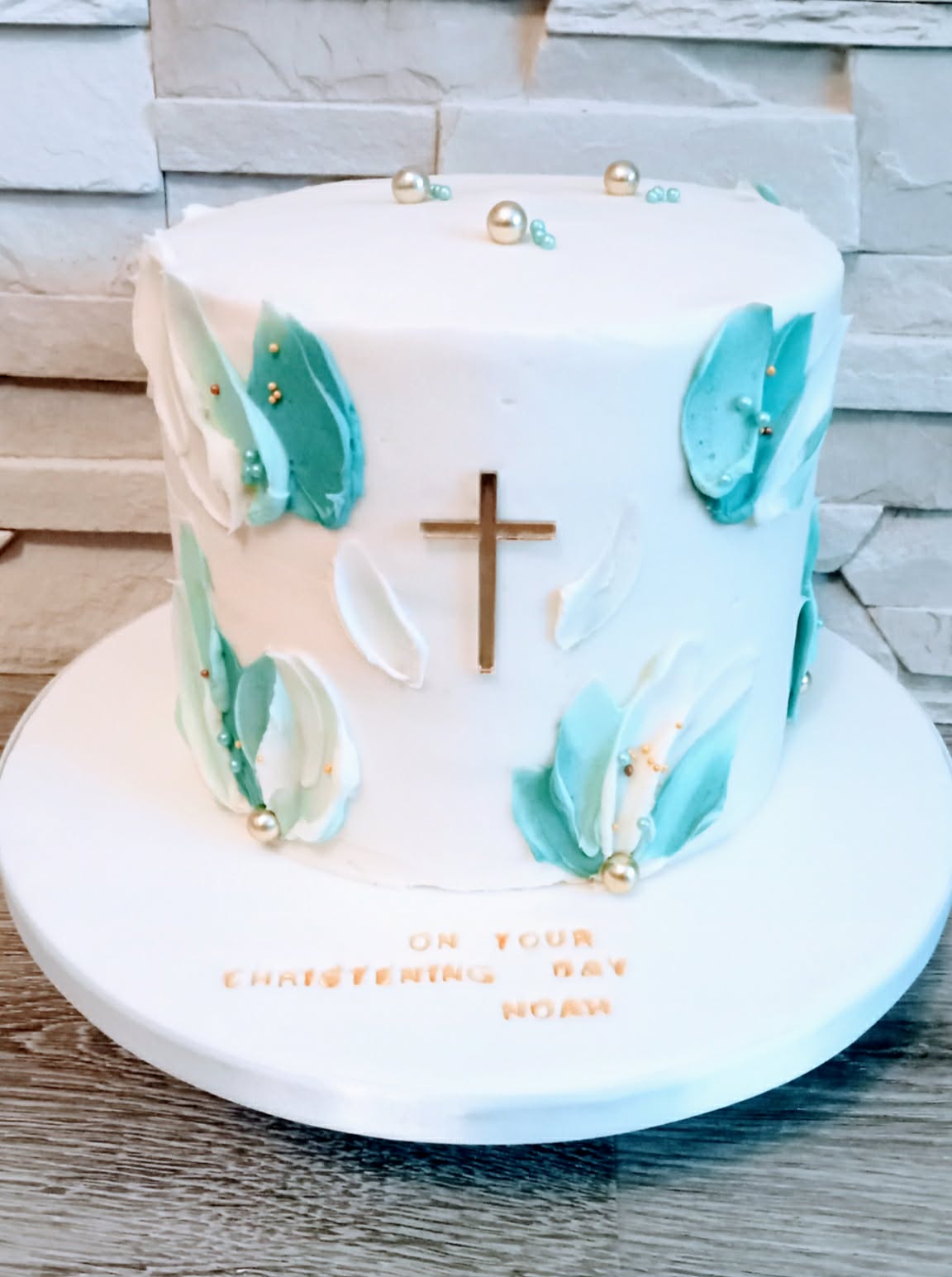 Teal Brush Cross — Christening cake design