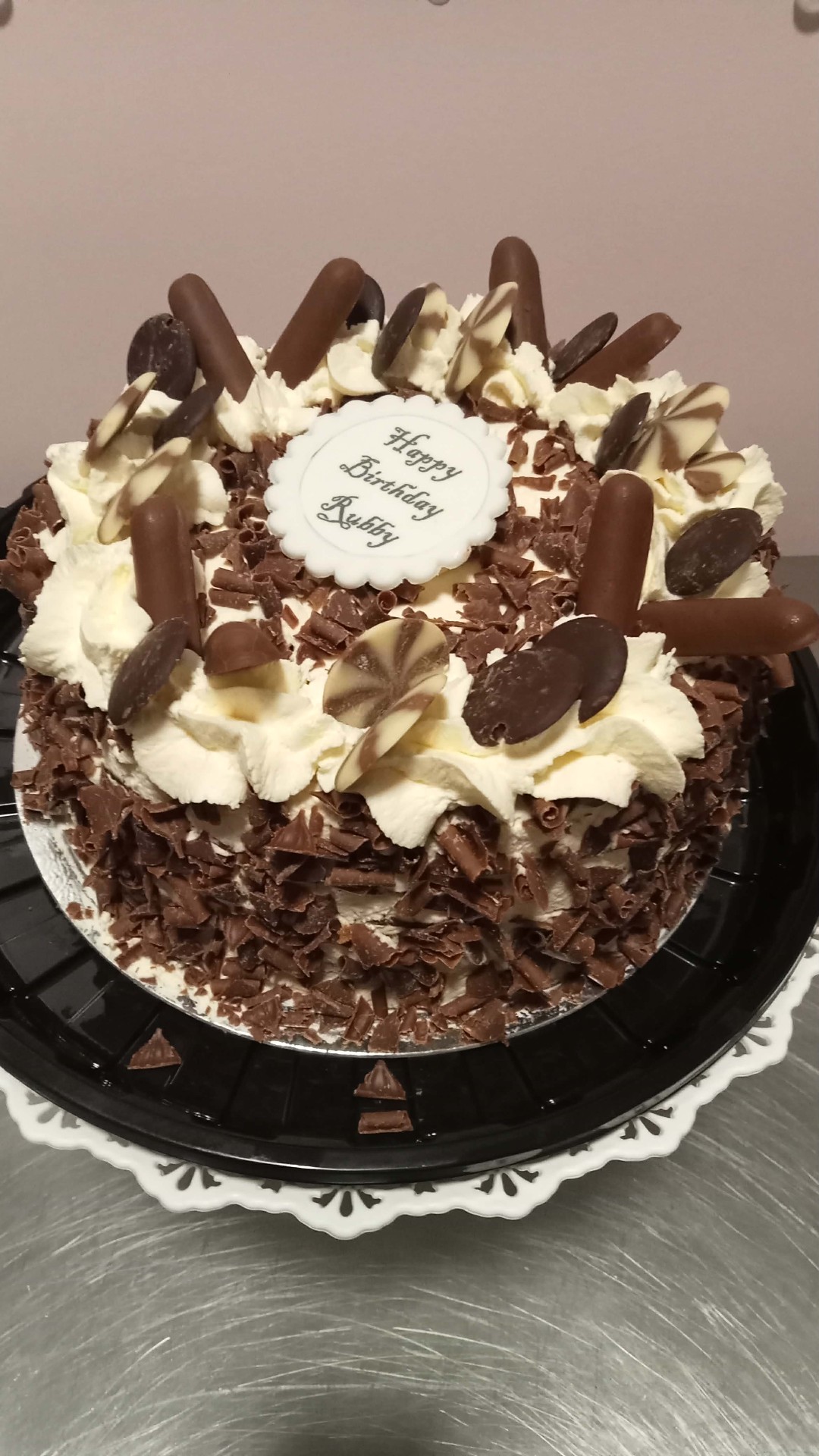 Chocolate Curl Cream — simple celebration cake design