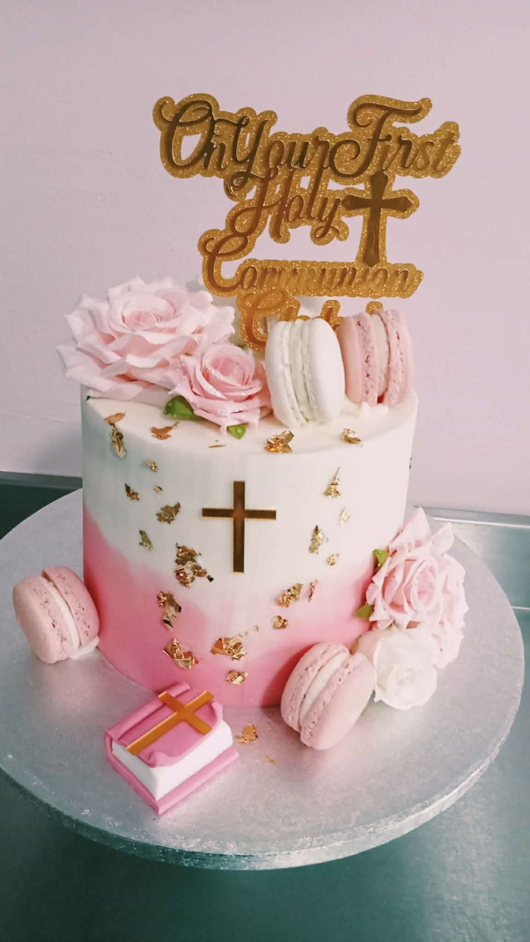 Pink Gold Cross — Communion & Confirmation cake design
