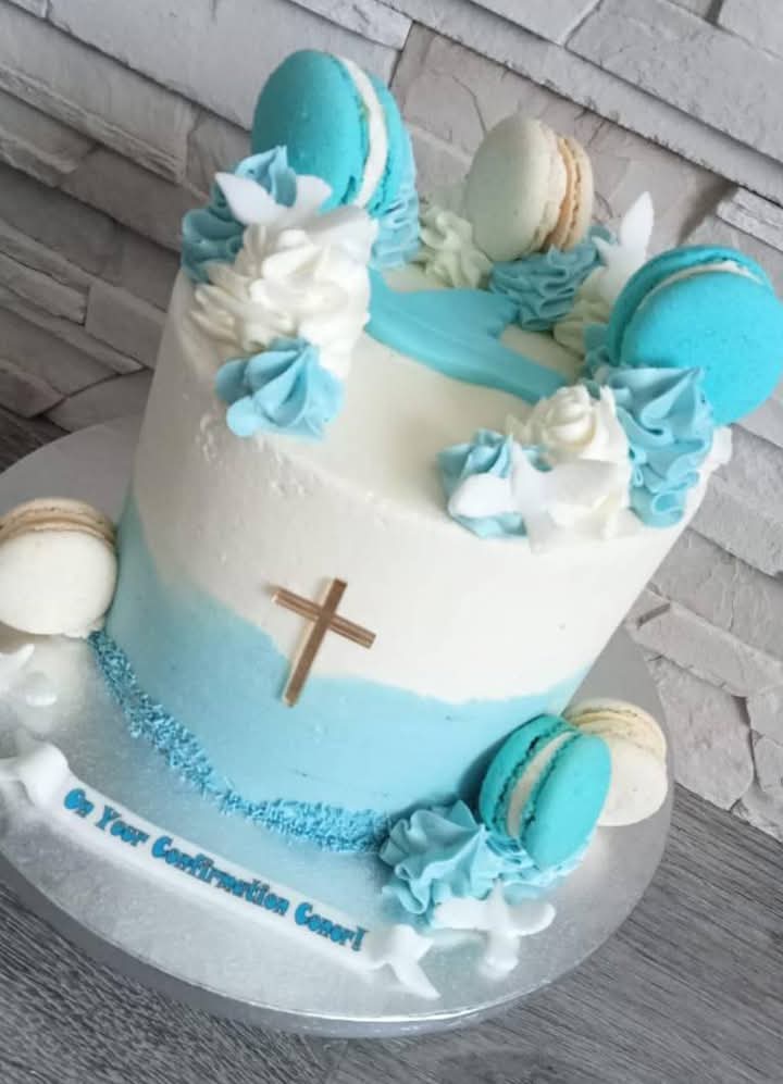 Blue Macaron Cross — Communion & Confirmation cake design