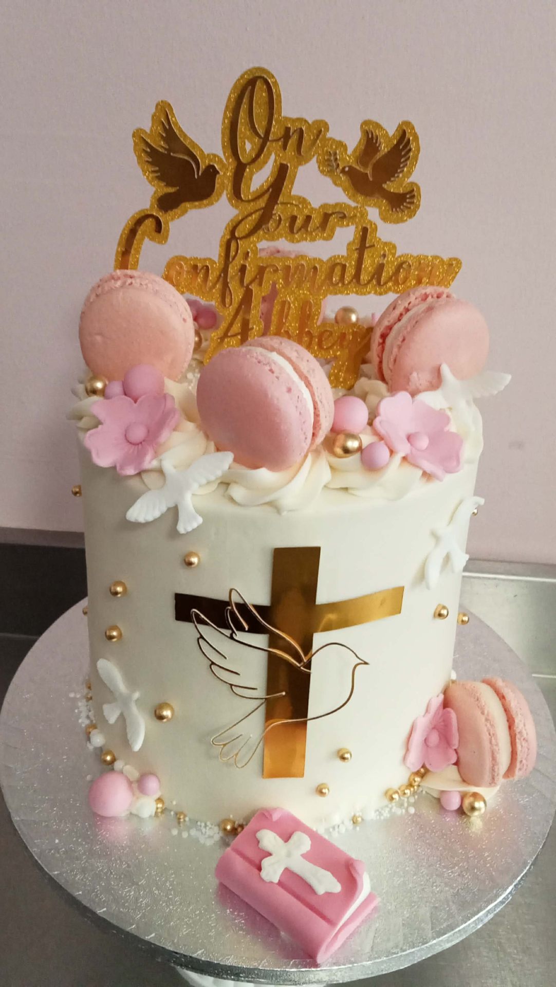 Pink Dove & Cross — Communion & Confirmation cake design