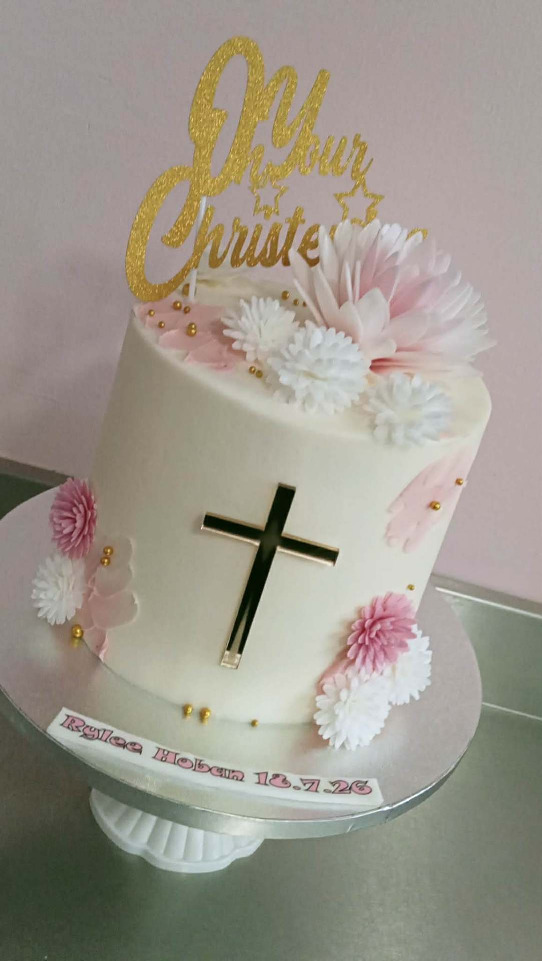 Pink Blossom Cross — Christening cake design