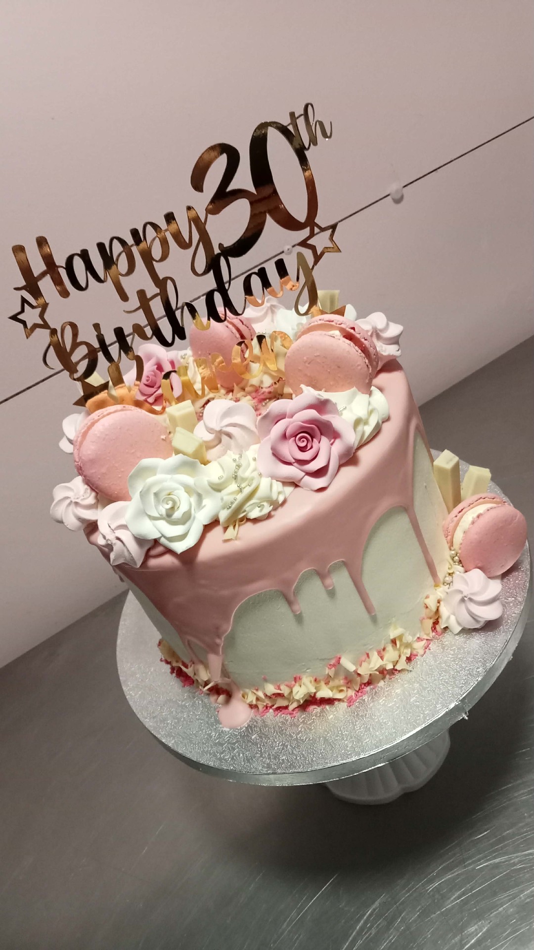Pink Rose Macaron 30th — drip cake design
