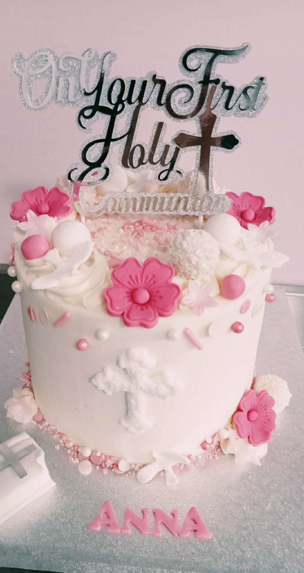 Pink Blossom Cross — Communion & Confirmation cake design
