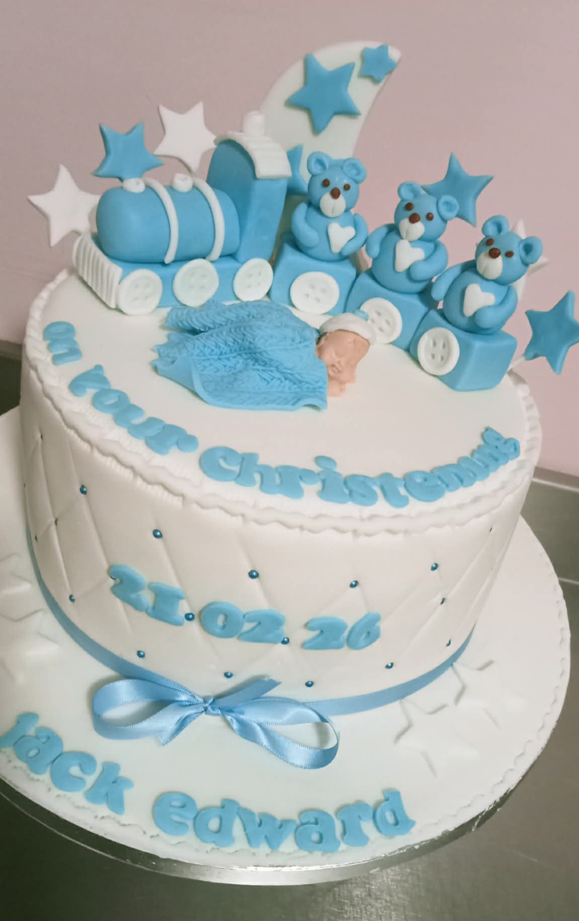 Blue Teddy Train — Christening cake design