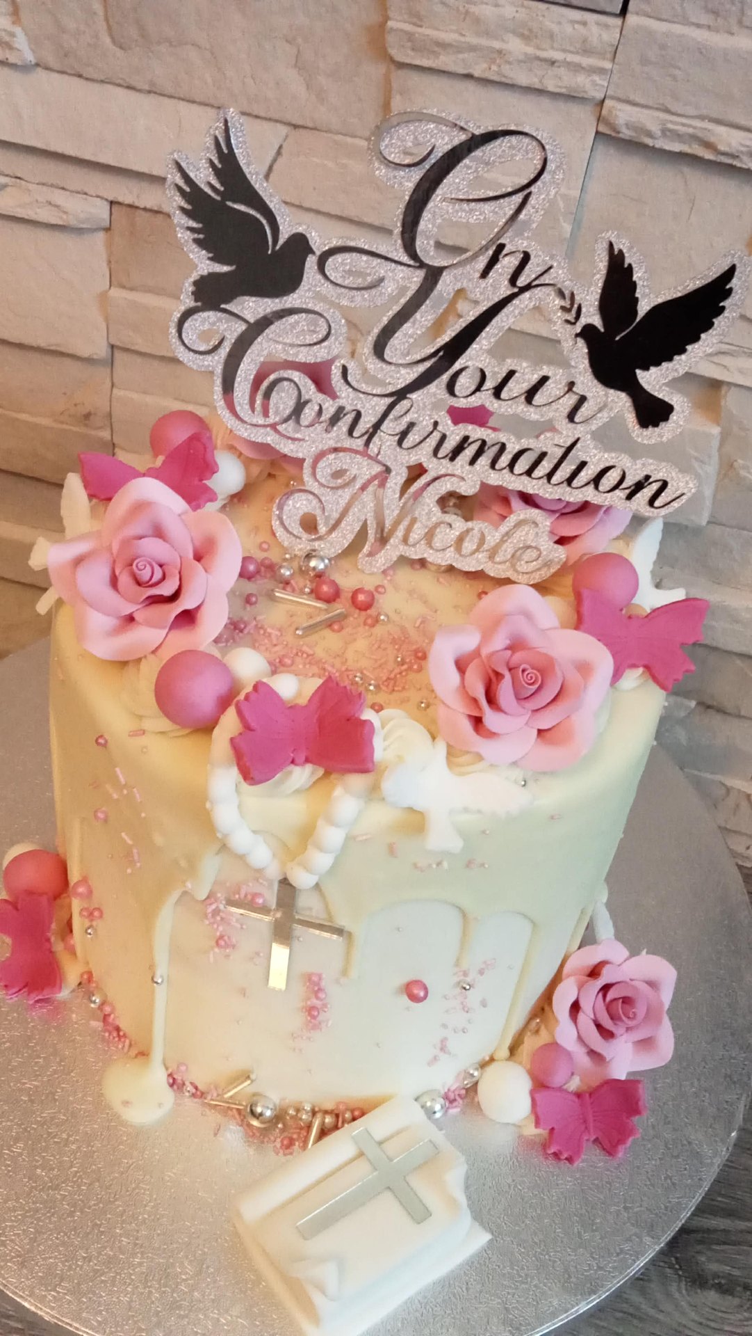 Rose Pearl Drip — Communion & Confirmation cake design